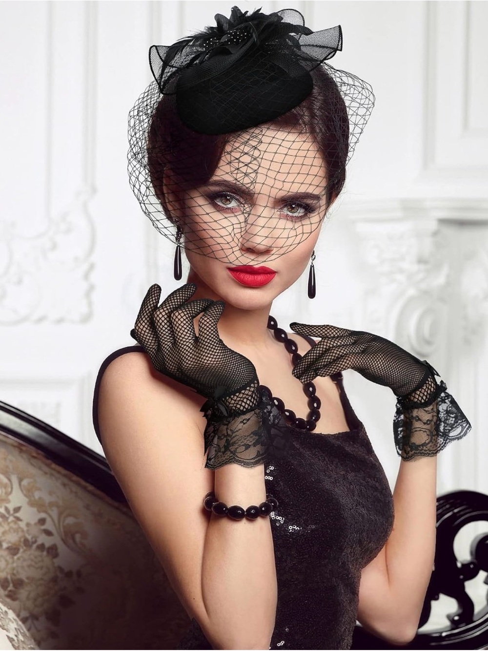 Black Gothic Victorian Fascinator Birdcage Veil Hat & Lace Gloves Halloween Set